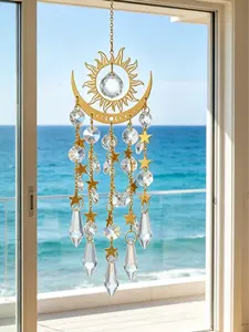 Golden Flame Moon Crystal Suncatcher Hanging Decor, AB Color Prism Wind Chime Pendant for Outdoor Garden & Window, Sparkling Rainbow Maker Boho Ornament Perfect for Yard, Balcony & Spiritual Gift Giving,summervibes