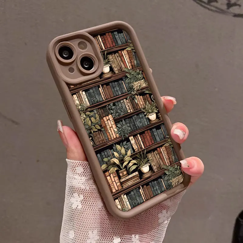 Vintage Bookshelf Pattern Silicone Phone Case, Protective Shockproof TPU Cover with Lens Protection for iPhone 17 Pro Max,16,16e,15,14 Plus,13,12 Mini,11,Air,X,XS - Durable Soft Casing, 2D Printed Valentine's Day Gift Accessory, Smartphone, Handheld, Acce