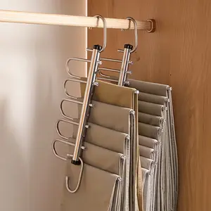 2-Pack 5-Layer Space-Saving Pants Hanger, Anti-Slip Multifunctional Closet Organizer Rack for Jeans Trousers Leggings, Wide Spacing Wardrobe Storage for Women