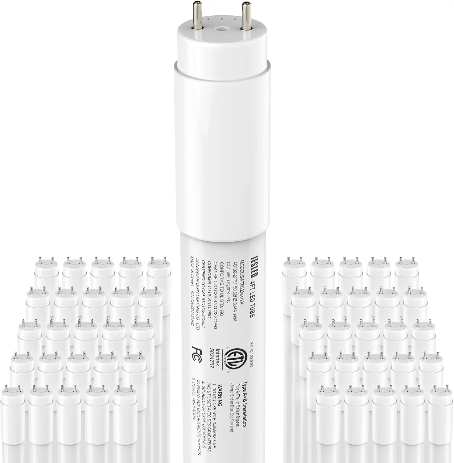 50 Pack T8 LED Tube Lights 4FT, Fluorescent Replacement, 48 Inch, 14W, 2450LM, 5000K Daylight, Single or Double End Power, Type A+B, Plug and Play or Ballast Bypass, Frosted