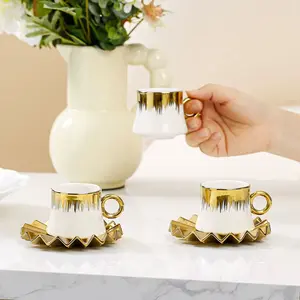 Turkish Coffee Cup Set of 6 with Saucers & Tray - Luxury Arabic Ceramic Tea Cups for Espresso White & Gold 90 ml Stylish Drinkware modern vintage coffee mug