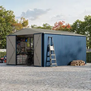 All-Weather Resistant 10X12 FT Gable Roof Storage Shed, Lockable Garden Shed with Grid Window, Ideal for Storing Bikes, Ladders, Patio Supplies & Garden Tools, Galvanized Steel, Cross Windows, Lockable Door
