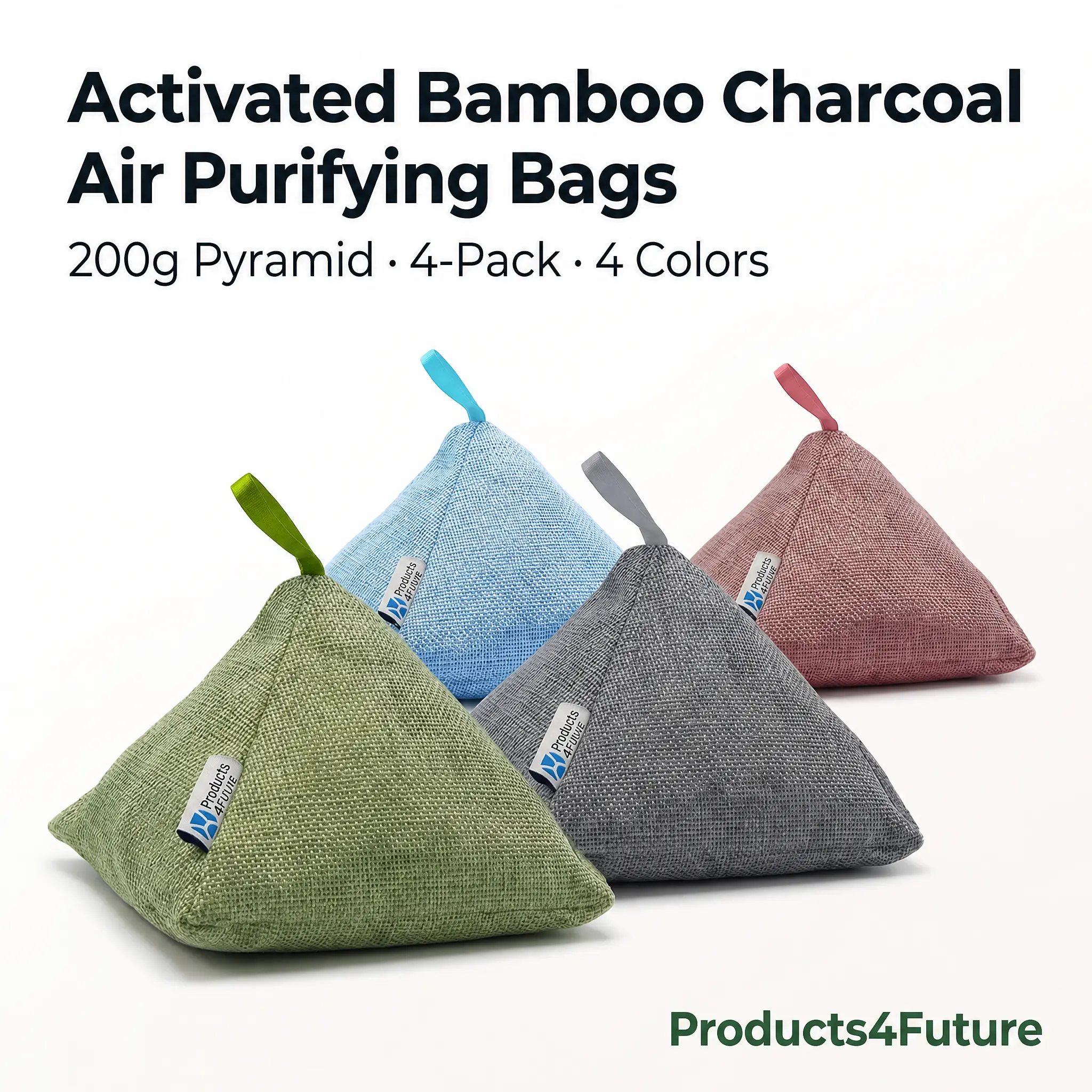 4-Pack 200g Pyramid Naturally Activated Bamboo Charcoal Air Purifying Bags, Minimalist Home Decor, Natural Home Deodorizer & Moisture Absorber for Pet Odors