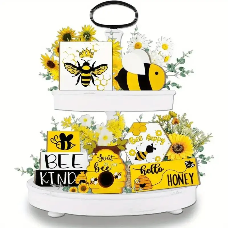 Honey Bee Sunflower Tiered Tray Decor Set without Tray, 7 Counts/set Summer Spring Decor Bumble Bee Table Centerpiece, Kitchen Decoration for Home Table Farmhouse Holiday Party, Ornaments