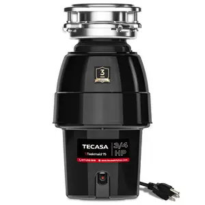 3/4 HP Garbage Disposal, TECASA Food Garbage Disposal with Power Cord, Stainless Steel Grinding System and 3-Bolt Mounting, Continuous Feed Garbage Disposals, Quiet, Taskmaid Series 75,kitchen appliances home cooking Noise Reduction Enhanced Splash Guard