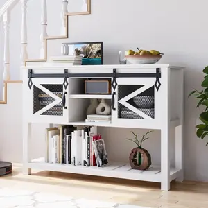 【GARVEE】Farmhouse Entryway Table featuring Sliding Barn Doors, Sofa Table with Storage and Open Shelf, Console Table for Entryway and Hallway, Available in White and Washed Grey