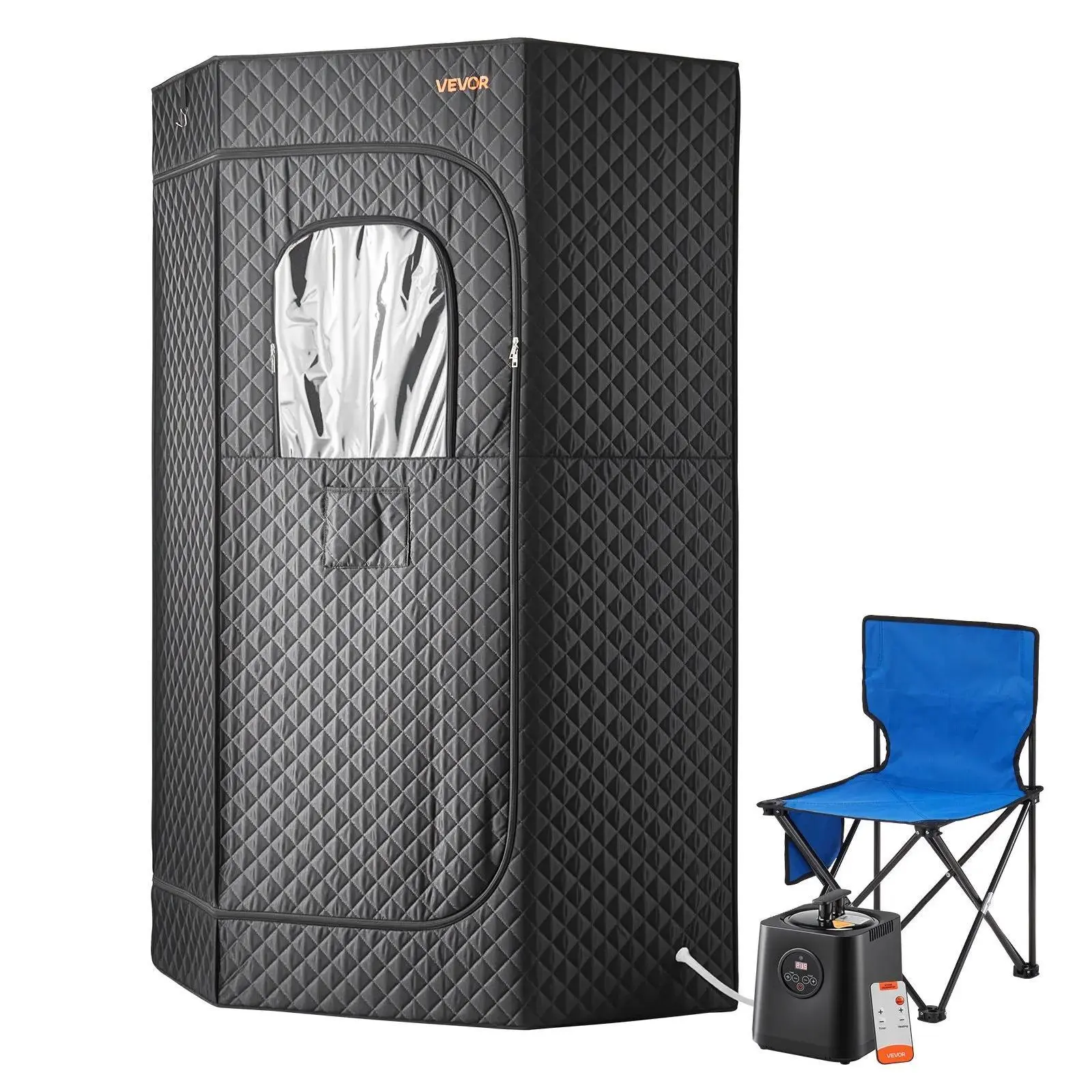 VEVOR 1-Person Steam Sauna Kit for Indoor Home Spa, Upgraded Heavy-Duty Stainless Steel Pentagonal Black Tent, 1200W Steamer, 3L Capacity, 1 Foldable Chair, Remote, Essential Oil Box, 10-Min Rapid Sweating Session#BacktoSchool