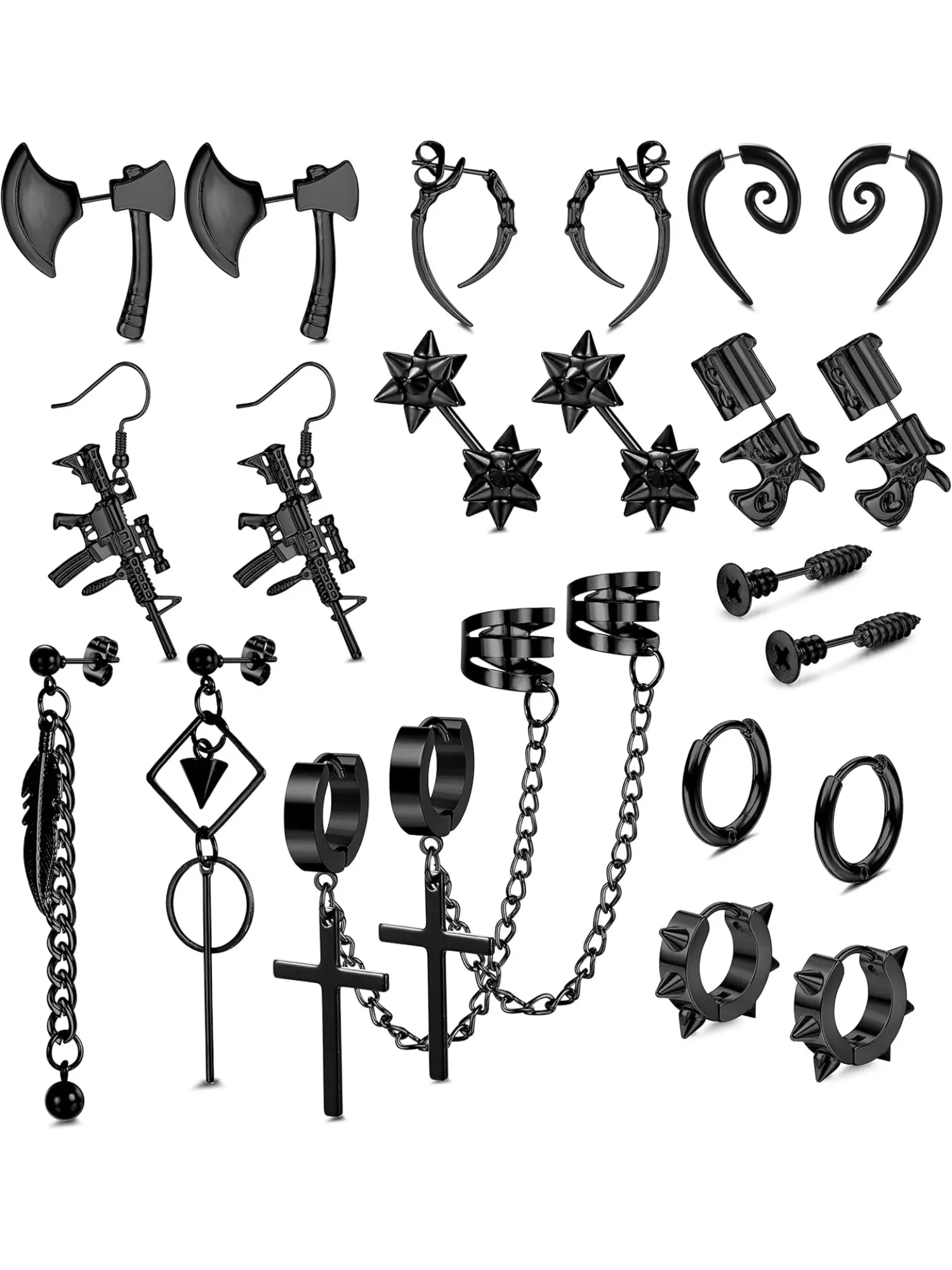 22 Pcs Men's Earrings Ladies Black Earrings Men's Stainless Steel Punk Style Earrings Black Earrings Hinge Hoop Cross Earrings Gothic Y2k Black Earrings Unisex Earring Stacking Set