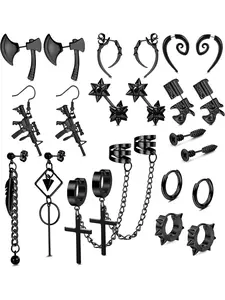 22 Pcs Men's Earrings Ladies Black Earrings Men's Stainless Steel Punk Style Earrings Black Earrings Hinge Hoop Cross Earrings Gothic Y2k Black Earrings Unisex Earring Stacking Set