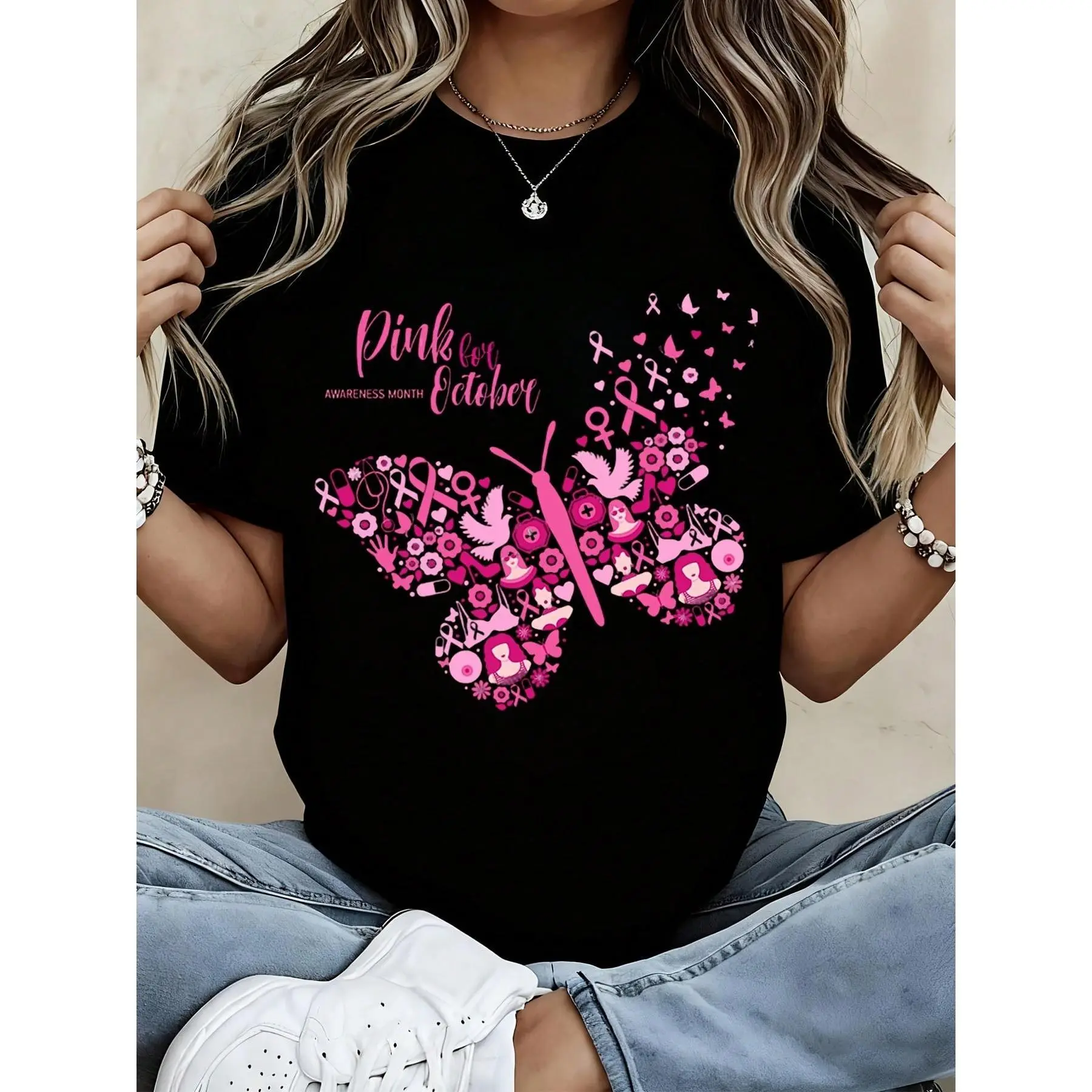 Women's Black Polyester T-Shirt with Pink Breast Cancer Awareness Butterfly Print - Casual Daily Wear Top，Halloween, Christmas Gifts