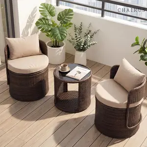 CHAIRUS 3 Piece Outdoor Patio Bistro Set with Storage Wicker Conversation Chair Set with Glass Table Modern Balcony Furniture for Garden Porch Backyard Brown