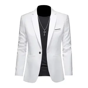 Men's Autumn Casual Business Slim Fit Non-ironing Single Button Solid White Polyester Long Sleeve Leisure Suit Jacket for Formal Occasions