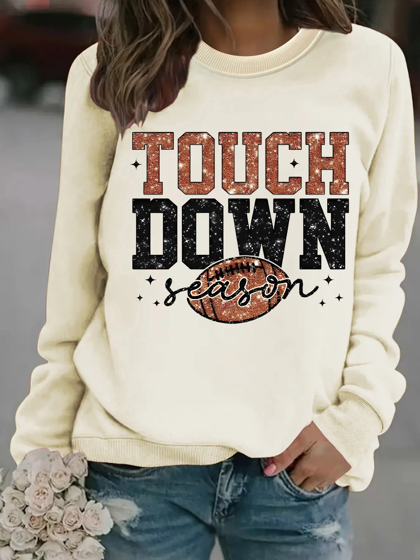 Women's Casual Football Letter Print Fitted Pullover Sweater, Soft Long Sleeve Round Neck Sweatshirt, Comfortable Daily Wear, Tops