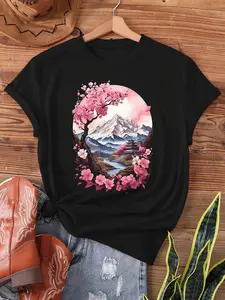 Plus Size, Women's Japanese Sakura Cherry Blossom T-Shirt - Vintage Woodblock Print Short Sleeve Round Neck Top with Pink Sakura & Oval Japanese Landscape Art, Casual Spring Summer Blouse for Japanese Festival Outfit