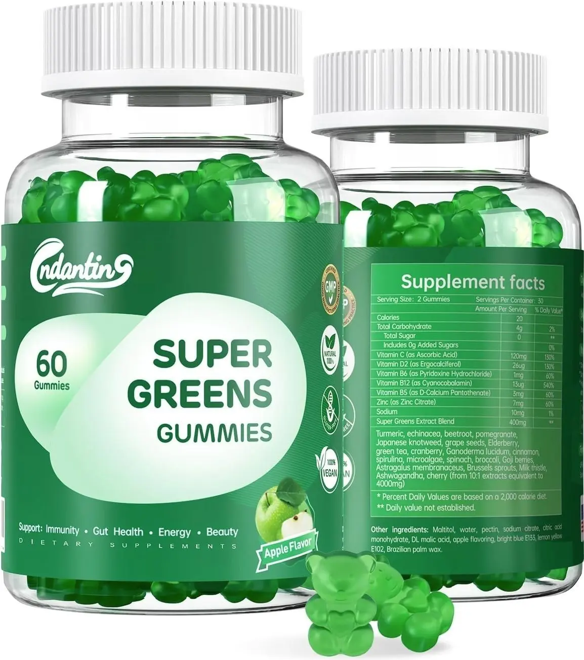 Super Greens Vitamins Gummies - Gummy Vitamins for Women & Men, Boost Energy | Immunity Support | 20+ Organic Green with Chlorella, Spirulina | Apple Flavor| Vegan, Non-GMO Supplement | 60 Count