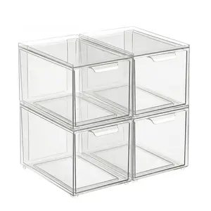 4 Pack Clear Stackable Storage Boxes with Drawers – Stacking Drawer Bins for Makeup, Jewelry, Office, Bathroom, Dustproof & Easy Clean