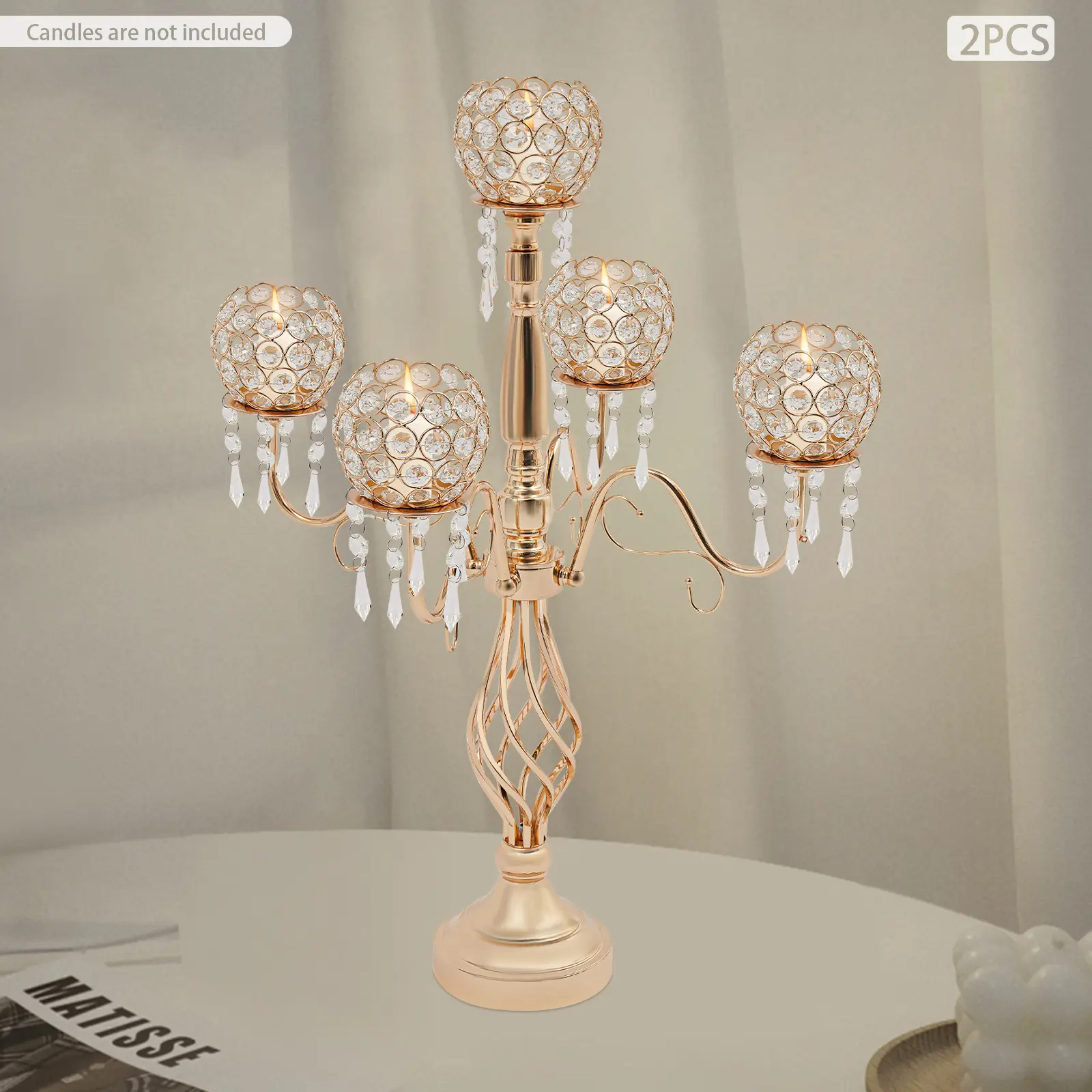 CNCEST 2-Piece 5-Arm Gold Crystal Candelabras, 26in Electroplated Iron Candle Holders with Crystal Beads, Ideal for Wedding Decor & Table Centerpiece, Five Arms