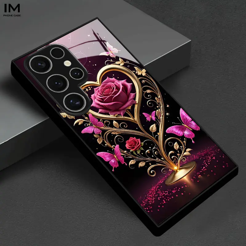 Golden Heart Rose Butterfly Decorative Ornament Pattern High-end Glass Case Hot Style Business for  S26 S25 S24 S23 S22Pro S21 S20 Fe Plus Ultra Pro A56 A55 A54 A53 A52 A51 A36 A35 A34 A32 A26 A25 A24 A23 A16 A15 A14 A06 A05 A03s, Butterflie