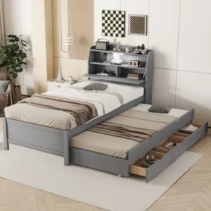 Twin Size LED Bed with Trundle, Wooden Platform Bed with Bookcase Storage Headboard and 3 Drawers, No Box Spring Needed