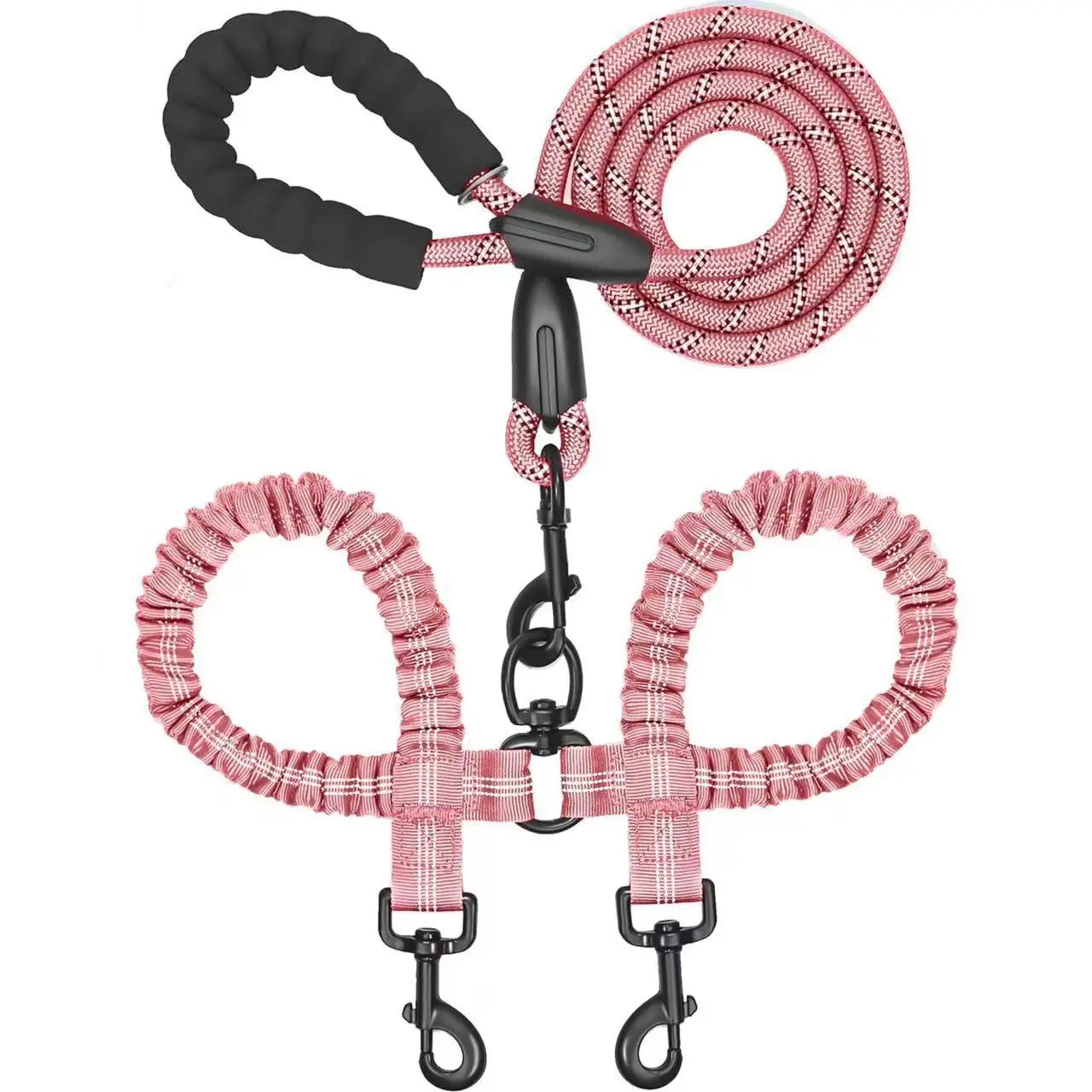 Double Dog Harness Leash Set Combo Pack - 360° Swivel Clip, No-Tangle, Shock-Absorb Arm Relief Bungee, Reflective Stitching, Heavy-Duty Nylon Weave Handle, 3-16 ft Retractable for 2-Dog No-Pull Training Walks