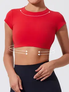 Women's Solid Backless Crop Gym Top, Casual Short Sleeve Round Neck T-Shirt for Daily Wear, Ladies Sportswear for Indoor and Outdoor Wear