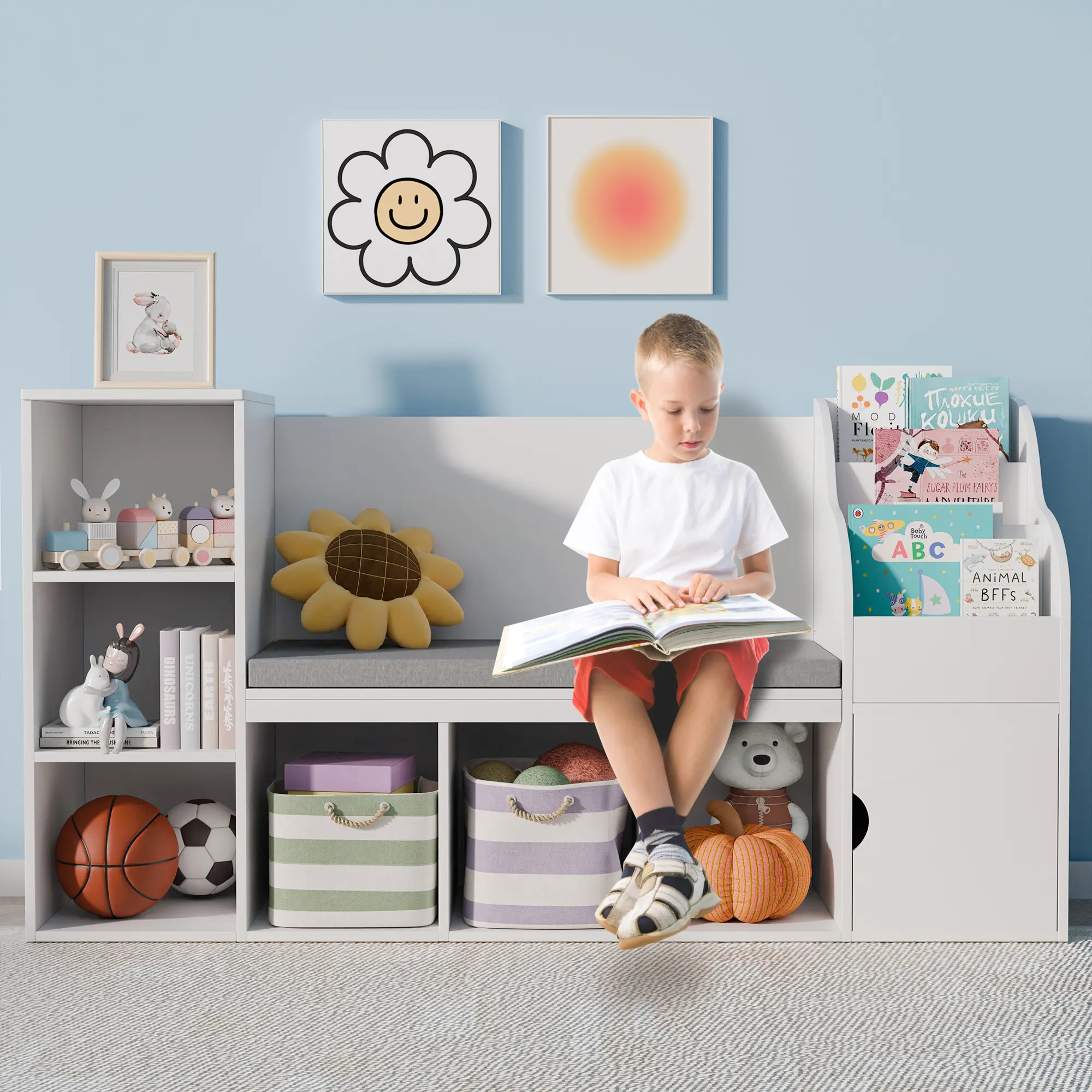 Christmas gift idea,Scabine Kids Reading Nook with Bench, Kids Bookshelf and Bookcase with Seat Cushion and 9 Storage Cubbies, Toy Storage Box on.