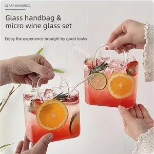 Glass Handbag Shaped Cocktail Glass Set with Tray, Creative Fruit Wine Glasses for Bar & Party, Trendy Internet-Famous Glass Cups for Juice & Cocktails