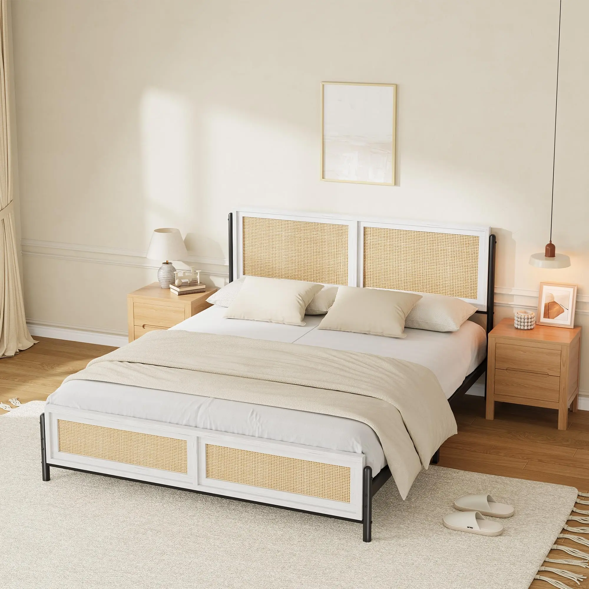 Full Size Rattan Platform Bed Frame, Boho Style with Headboard & Footboard, 12 Steel Slats Support – No Box Spring, Noise Free, Easy Assembly, White