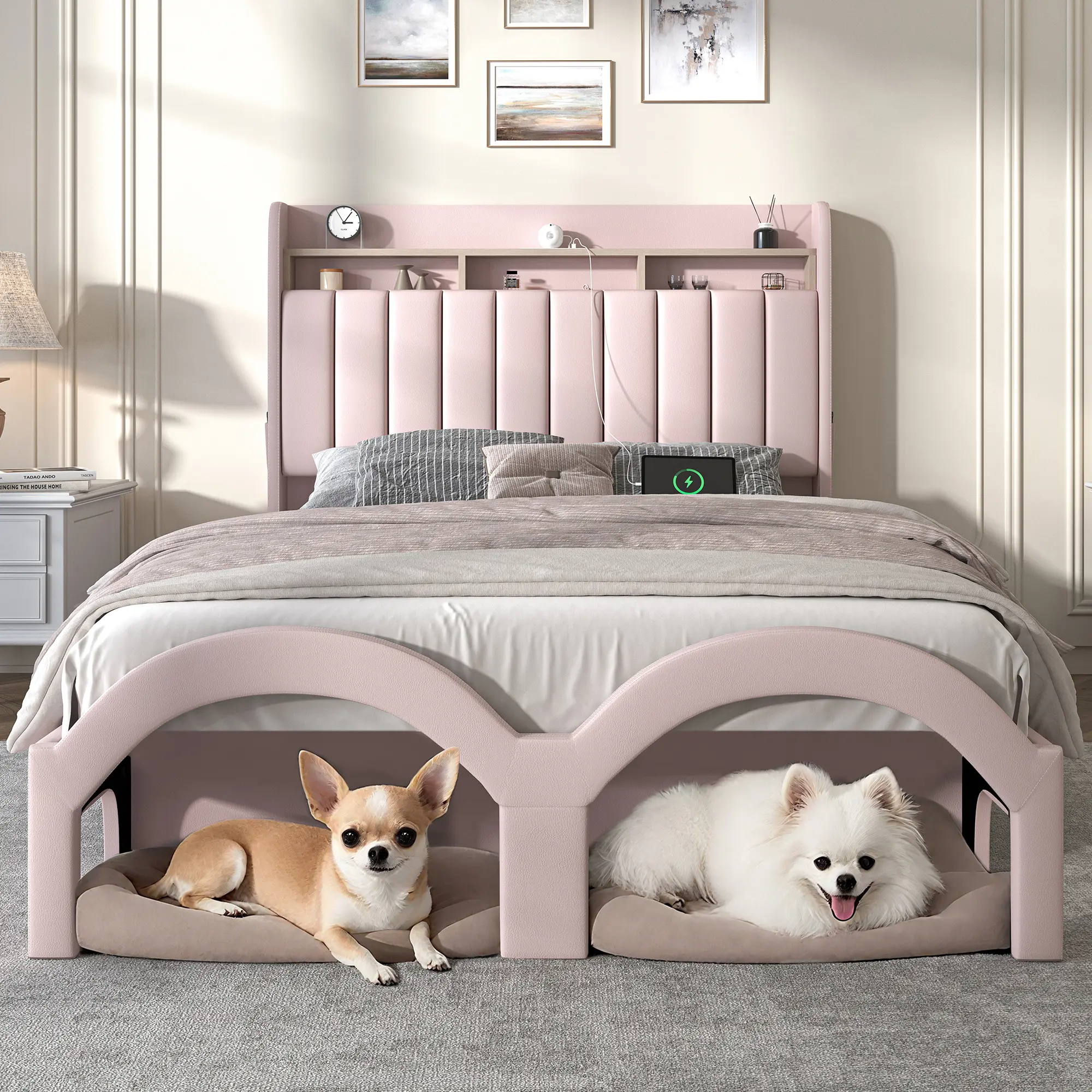 [Father's Day Gift] Sibeds Aurora Queen Bed Frame with 2-Tier Storage Headboard, Faux Leather Platform Bed with Galaxy Star Projector, Scratch-Resistant Upholstered Bedframe with Pet Rest Area for Dogs Cats, White / Black / Gray / Pink tiktokshopbacktosch