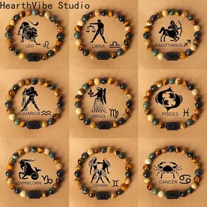 12 Zodiac Signs Constellation Charm Bracelet Men Women Fashion Tiger Eye Stone Beaded Bracelets Virgo Leo Libra Couple Jewelry