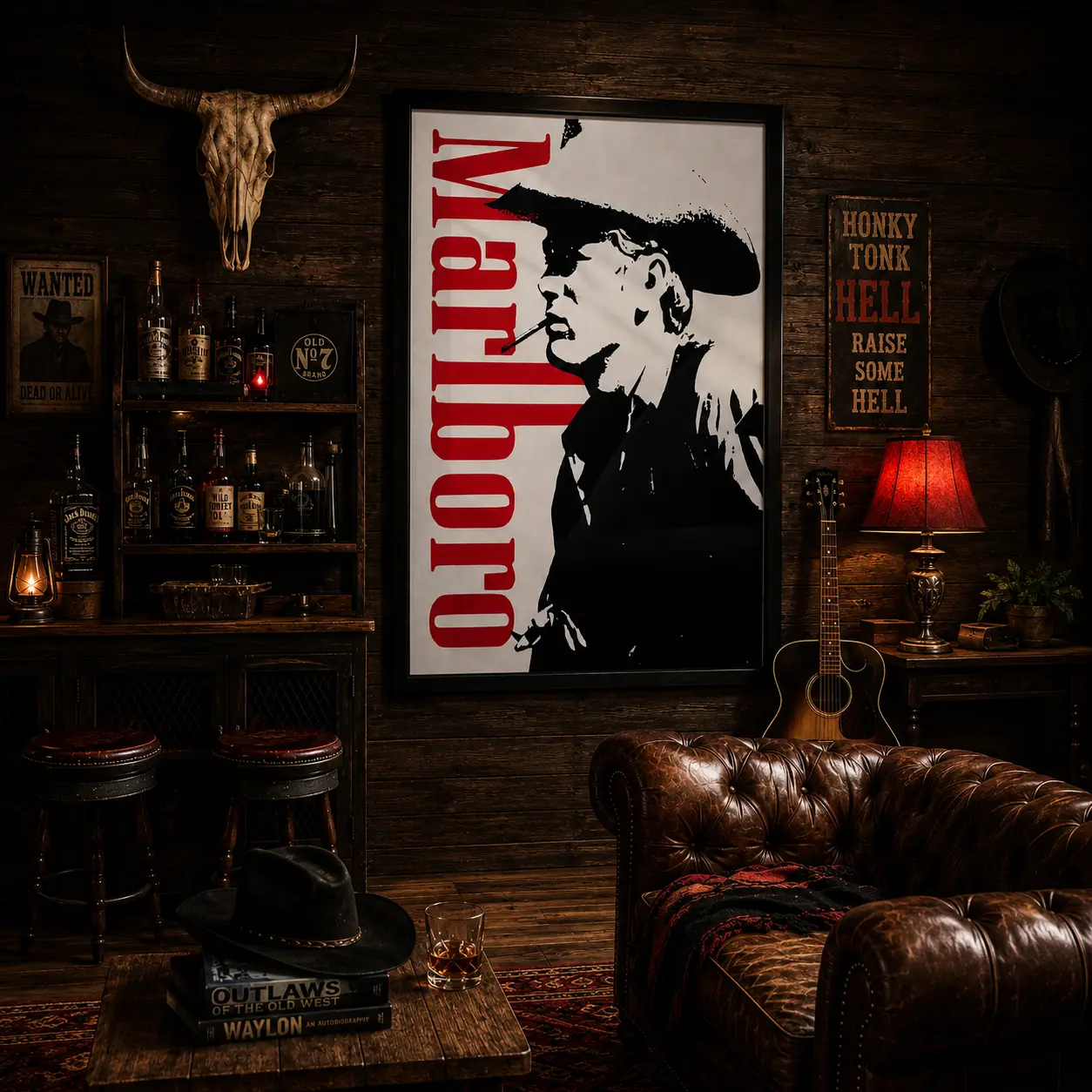 Vintage Marlboro Cowboy Man Framed Canvas Wall Art, Black White Western Cowboy Smoking Cigarette Poster, Bold Red Vertical Marlboro Text Print, Man Cave Western Bar Lounge Decor, Retro Western Aesthetic Wall Hanging Gift
