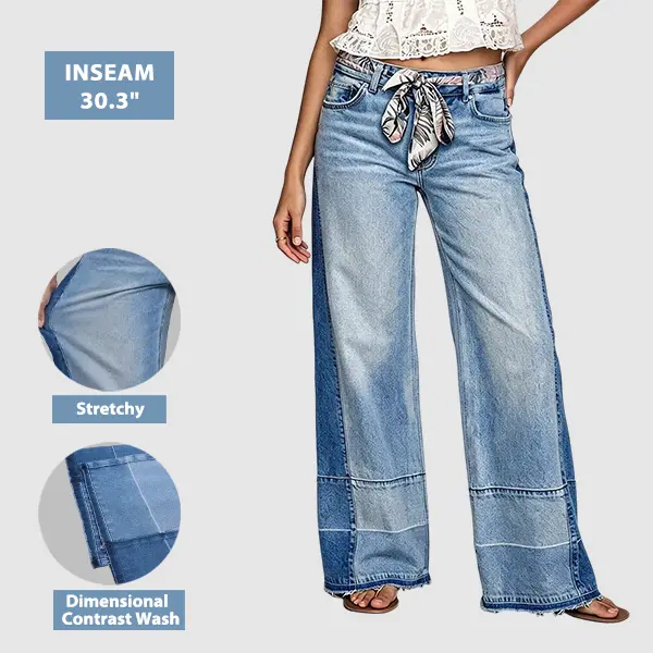Flamingals Cut & Sew Raw Hem Mid Rise Wide Leg Jeans Without Belt Womenswear Stretchy 30.3" Inseam