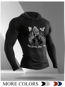 Men's Hooded Fitness Long Sleeve Shirt, Prayer Gesture Print, Only God Can Judge Me Text, Casual Fall Wear, Multiple Colors Available, Athletic Hoodies