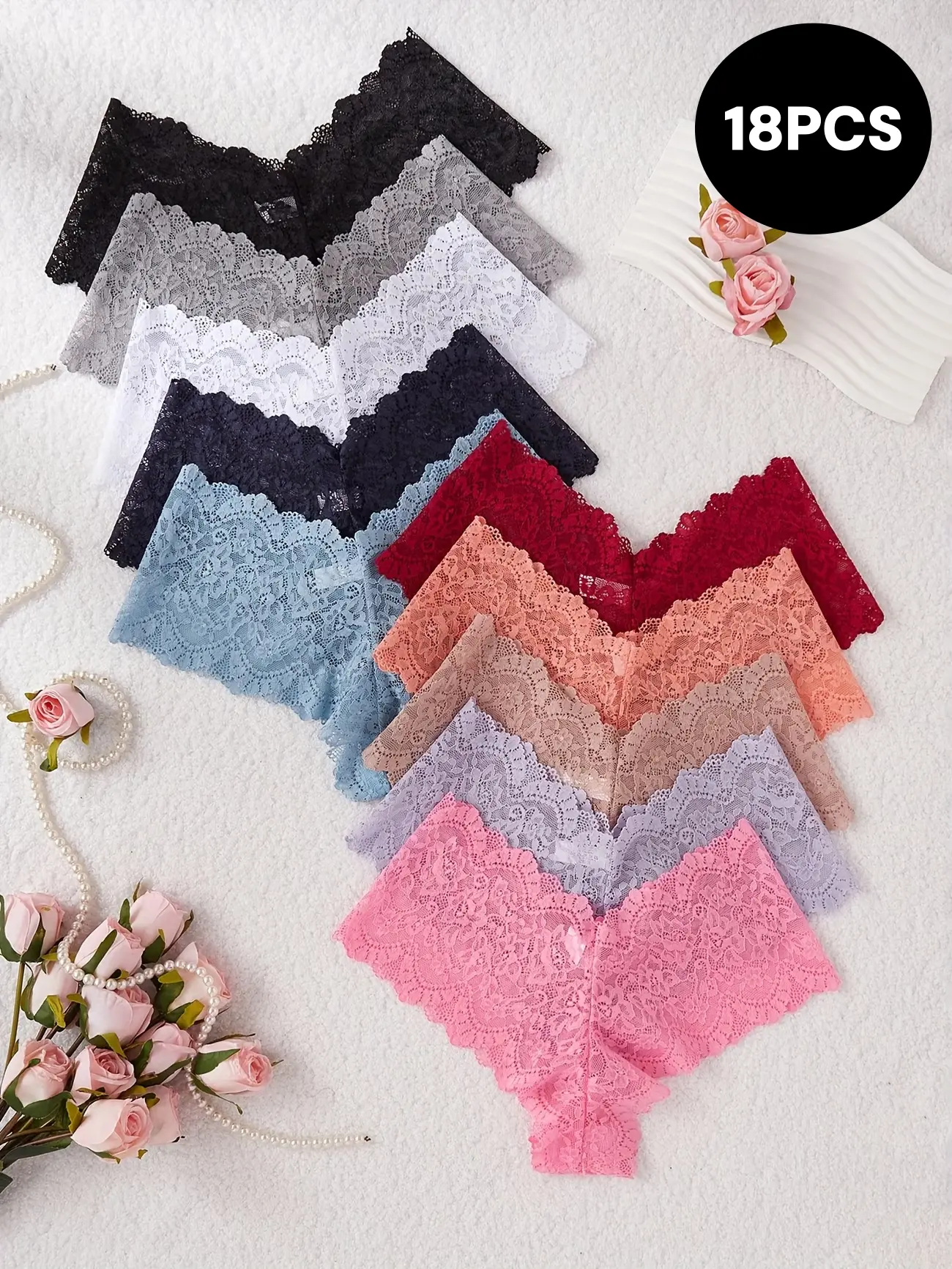 Women's 18-Pcs Multicolor Contrast Panty Set - Elegant Lacy Lingerie, Soft Feel Briefs with Lace Trim, Scalloped Edge, Breathable Stretchy Fabric, No-Show Cotton Crotch for Everyday Casual Intimate Wear