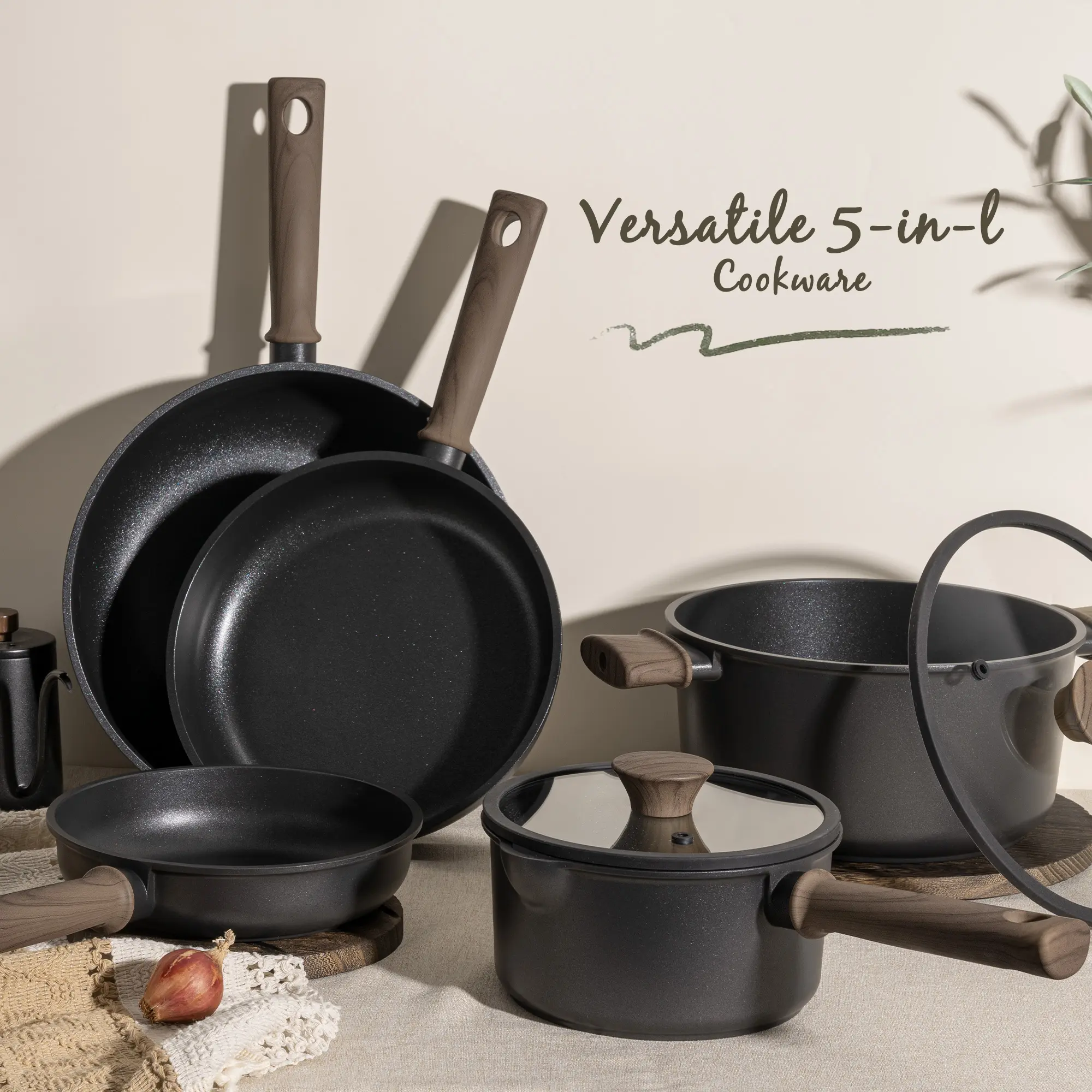 【Mom's gift】Astercook 18-Piece Nonstick Cookware Set with Elegant Wooden Handles – Induction & Oven Safe Pots & Pans Set, High Heat Resistant, Perfect Mother’s Day Gift for Mom