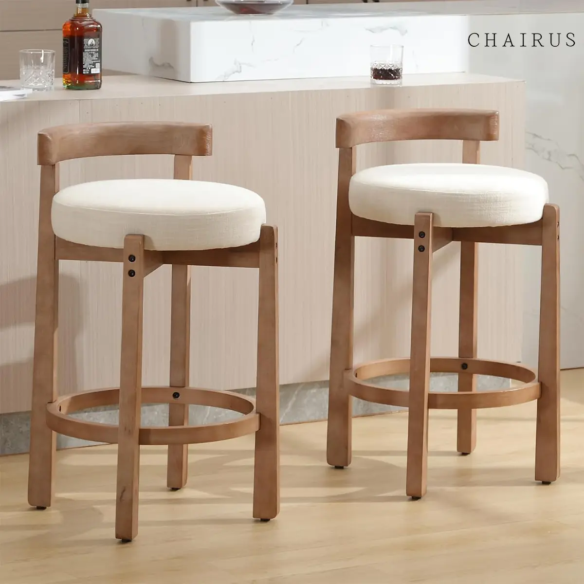 CHAIRUS 26.5-Inch Counter Height Armless Legged Chair, Soft Cushioned Stool with Linen Upholstery, Low Back, Footrest & Solid Wood Legs for Kitchen Island, Living Room Home Decor