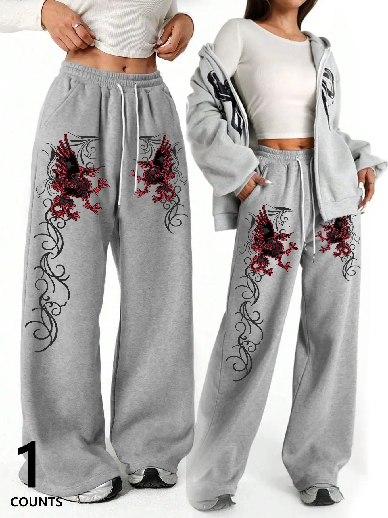 Women's Gothic cool graphic print Pants, elastic waist drawstring, loose fit, sporty street style, Y2K style, comfortable and casual everyday wear, Casual Comfy Pants