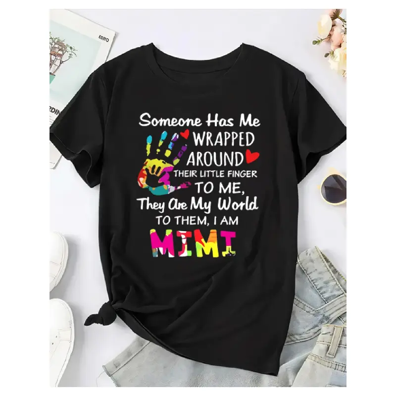 Women's "Mimi" Cute Printed Short-Sleeve Graphic T-Shirt - Casual Athletic Top, Soft Breathable Fabric, Loose Fit, Handprint Heart Design, Shortsleeve, Round Neck, Xxl, Crew Neck