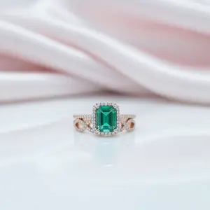14K Gold Emerald Cut Green Diamond Option Wedding Ring Set