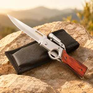 EDC Folding Knife with LED Flashlight, Pocket Utility Knife with Wood Handle, Stainless Steel Blade, Belt Clip and Nylon Pouch for Hiking Camping Everyday Carry