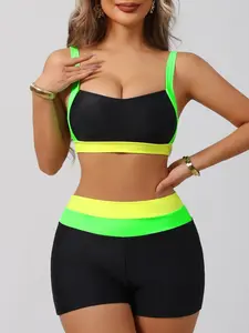 Women's New Patchwork Colorblock Bikini Set, Bikini Top Shorts Combo, Triangle Swimsuit, Casual Summer Beachwear, Comfortable Fit