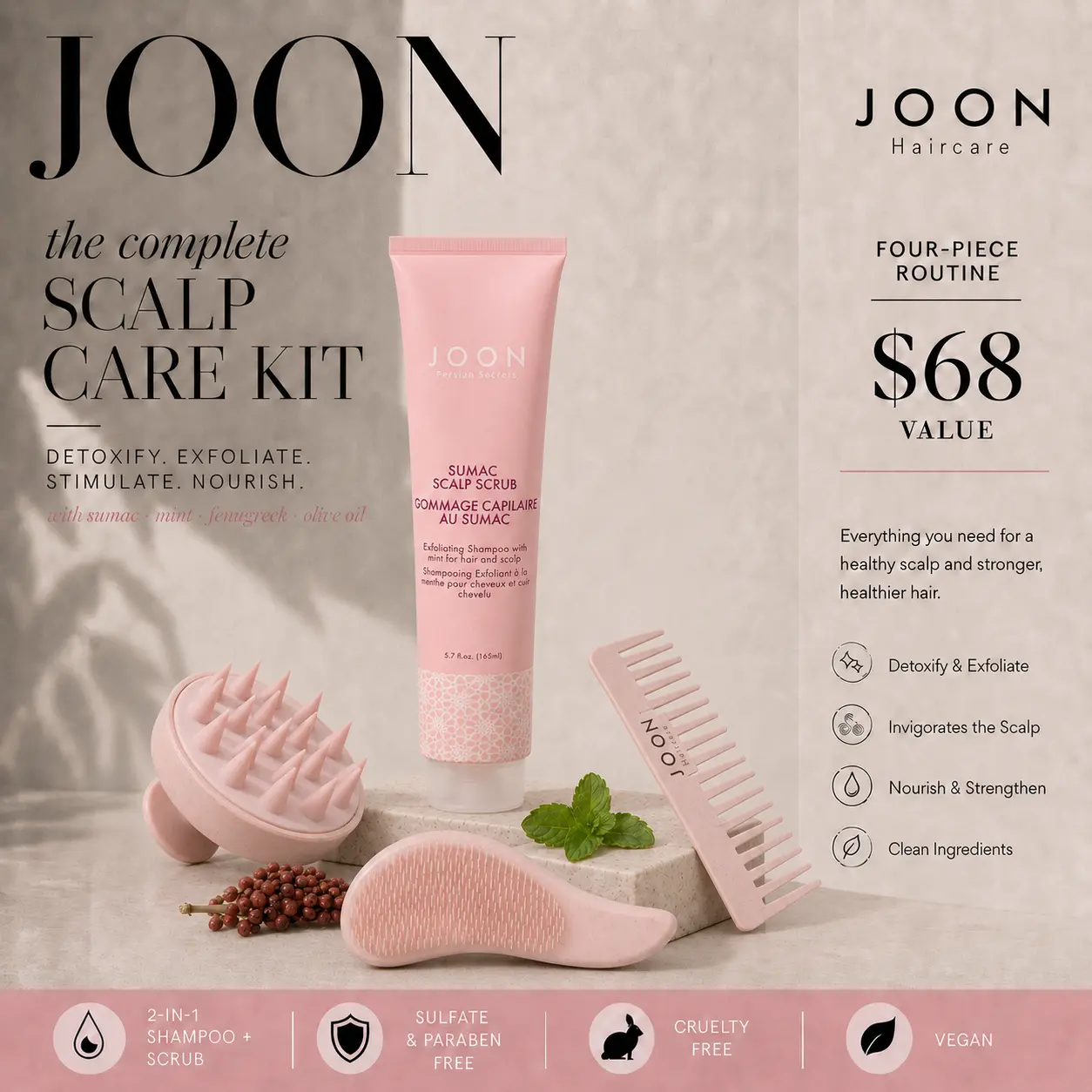 JOON Sumac Scalp Scrub + Massager Brush Set — 2-in-1 Exfoliating Kit for Buildup, Flakes & Oily Roots — $68 Value