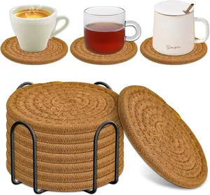 8 Pcs Drink Coasters with Holder, Absorbent Coasters for Drinks, Minimalist Cotton Woven Coaster Set for Home Decor Tabletop Protection Suitable for Kinds of Cups, 4.3 Inches.