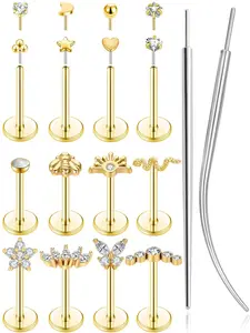 16 Pcs Lip Studs Nose Rings Earrings Set Trendy And Sparkling 20G Stainless Steel AAAAAA+ CZ Multi Design Butterfly Star Heart With Piercing Tools Hypoallergenic For Women Men Teens Daily Wear Party Gift Nose Piercing Kit