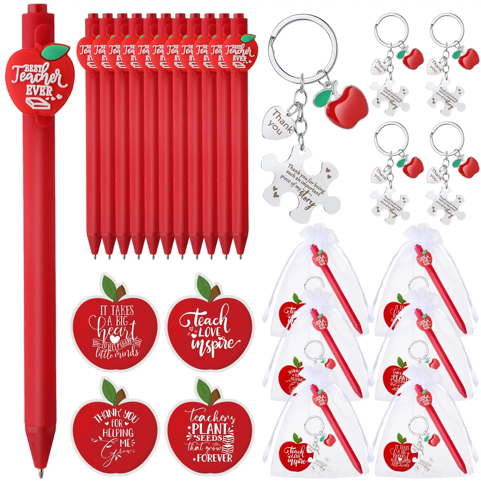 12/24 Sets Back to School Teacher Appreciation Gifts Bulk, Including Apple Teacher Ballpoint Pens Puzzle Keychain Card Drawstring Bag, End of Year Teacher Gifts Teachers Day Graduation Apple Themed Gifts for Staff Office Supplies Women Man Coworker Admin