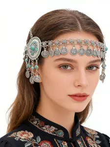 Boho Style Vintage Turquoise Long Tassel Coin Headpiece, Elegant Hair Accessory & Dance Wear, Perfect for Women & Dancing Girls