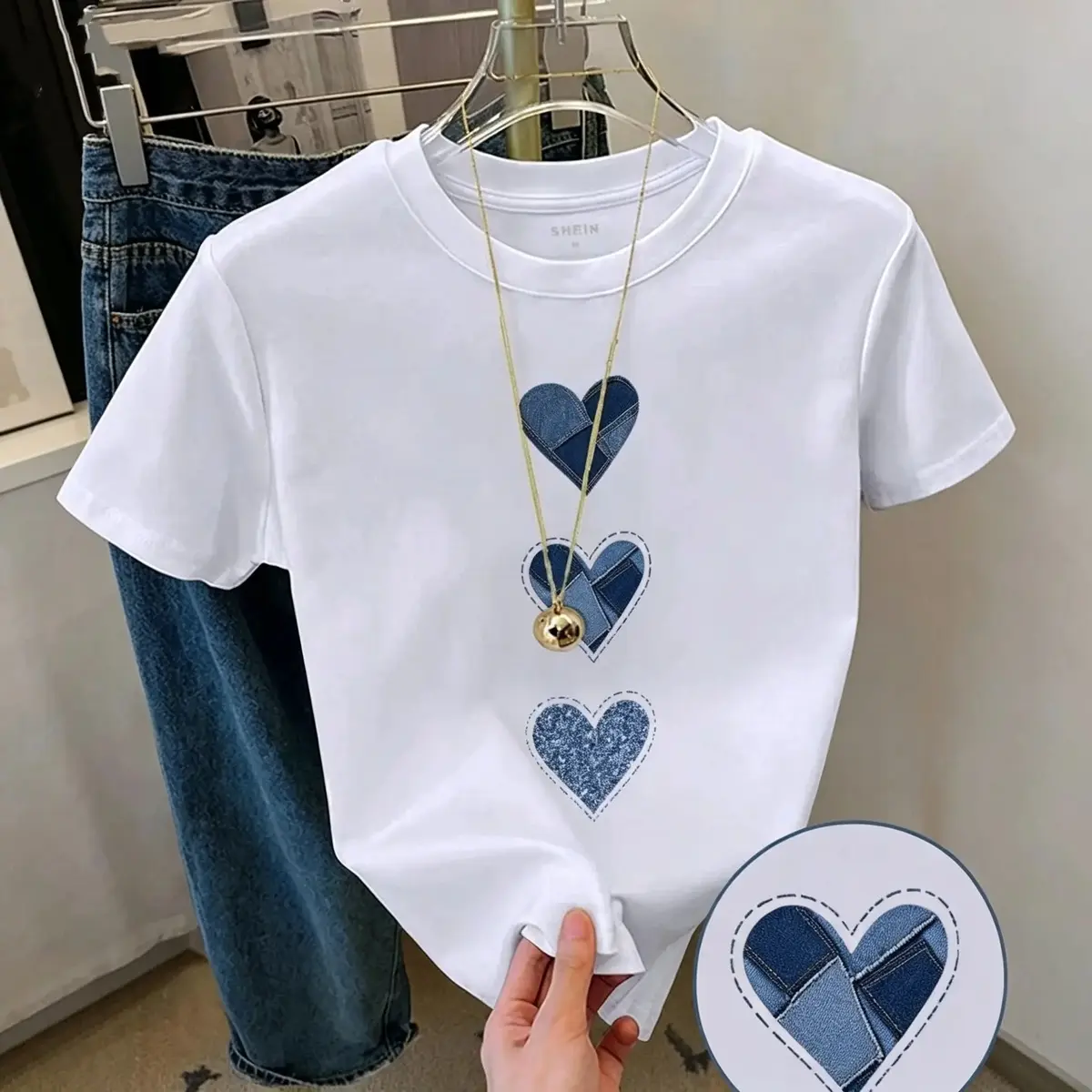 Unisex Graphic T Shirt Denim Heart Print Summer Cotton Tshirt Women Short Sleeve Casual Retro Streetwear Top Women Summer Fashion Tshirt