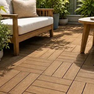 ARCH WPC Wood-Plastic Composite Interlocking Patio Deck Tiles, 11.8" x 11.8" Oak Color, Pack of 11, DIY Quick Deck Flooring for Indoor Outdoor Use, Water Resistant, Easy Install, All-Weather Performance, Strong Weight-Bearing Capacity