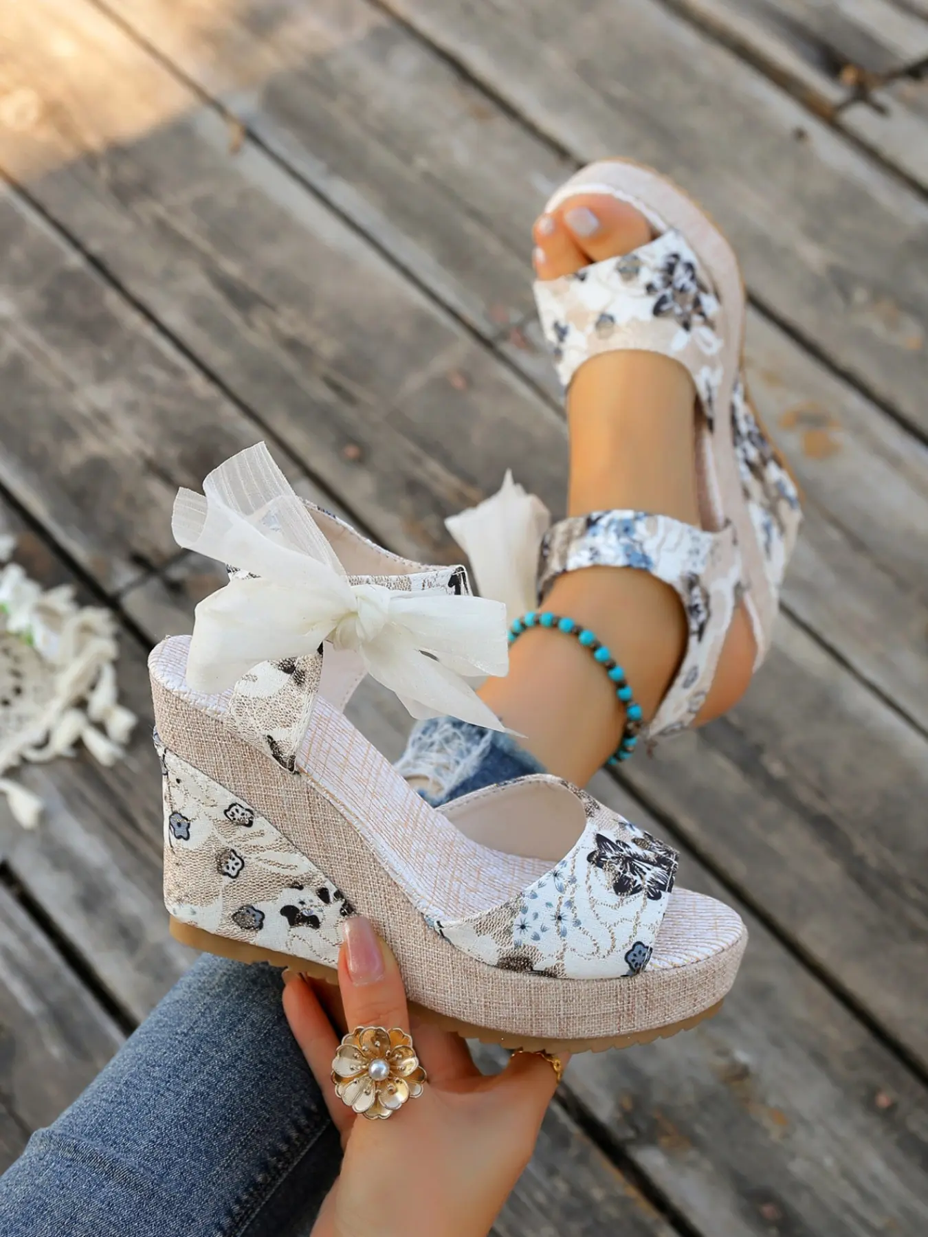 Ethnic Floral Bow Tie High Heel Waterproof Platform Fish Mouth Bohemian Sandals for Women Summer New Elegant Outdoor Wedge Thick Sole Shoes Boho Style Wedge