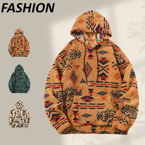 Men's Ethnic Totem Fleece Hoodie - Allover Geometric Print, Long Sleeve Casual Loose Sweatshirt Tops, Vintage Warm Comfortable Fabric, Hooded Design with Large Pocket, Ideal for Autumn Winter Retro Menswear